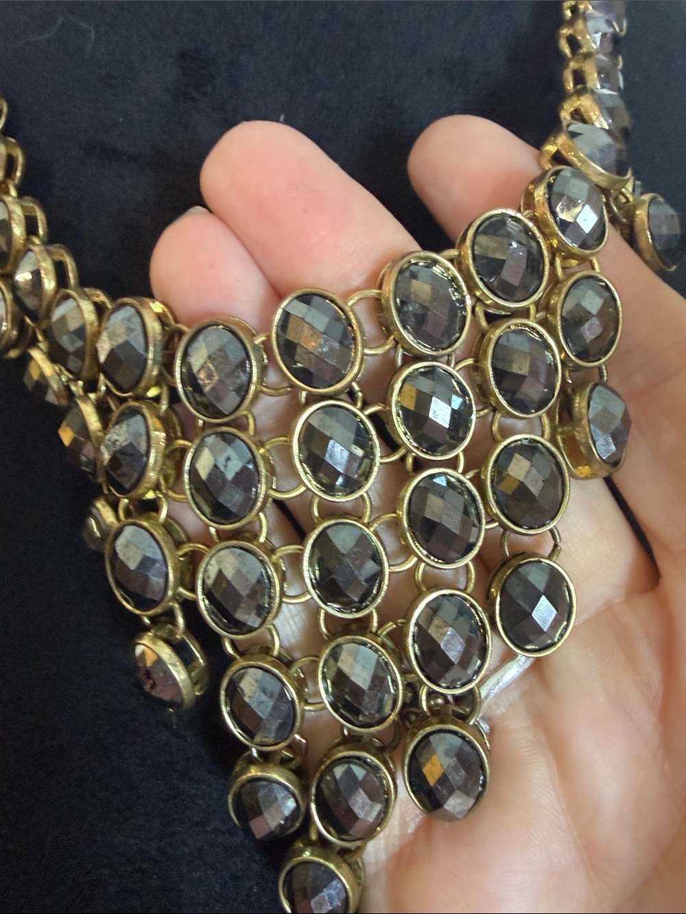 Gold black faceted gem Bib Statement Necklace with smoky black Faceted Stones - Picture 3 of 4